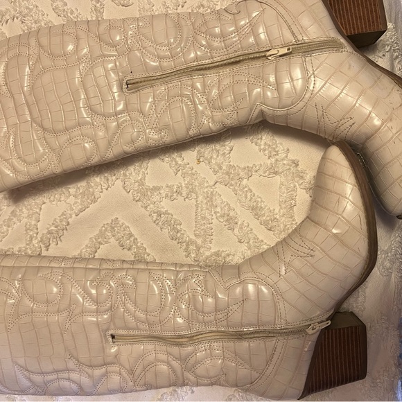 Cream Croc-Embossed Knee-High Boots - Picture 4 of 11